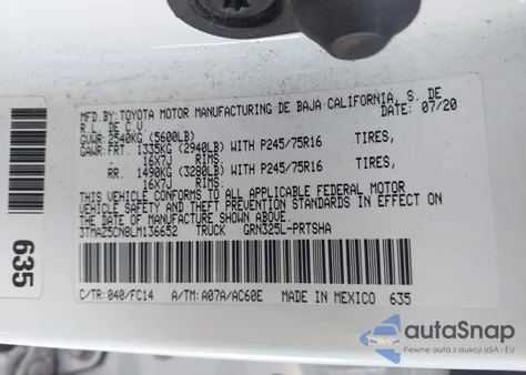 2020 Toyota Tacoma Sr5 V6 z USA, uszkodzony, nr VIN 3TMAZ5CN8LM136652